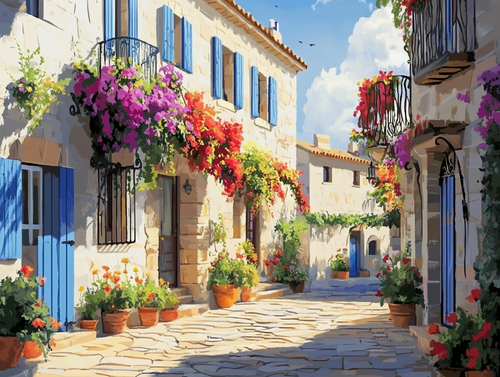 Cobbled street in a Mediterranean town with colorful flowers and buildings.