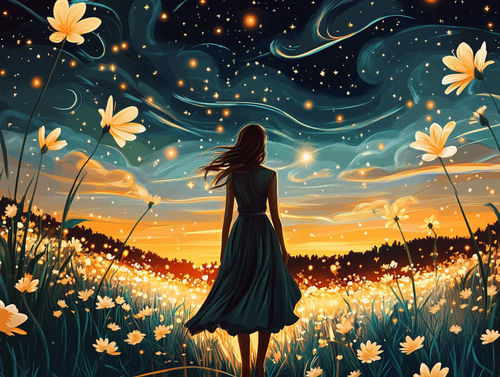 Woman in a dress standing in a field of flowers under a starry night sky - Paint by numbers - MyArt