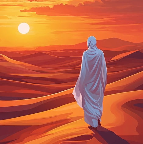 Person in a white robe walking towards a sunset in a desert landscape - Paint by numbers - Desert Pilgrim - MyArt