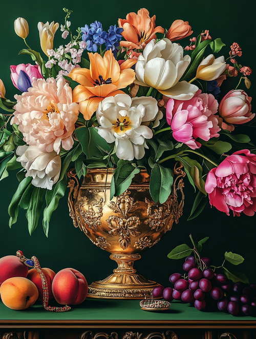 Decorative still life with flowers in a gold urn, peaches, and grapes on a dark green background - Paint by numbers - MyArt