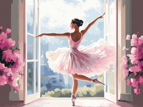 Ballerina in a pink dress dancing in front of a large window with pink flowers - Paint by numbers - MyArt