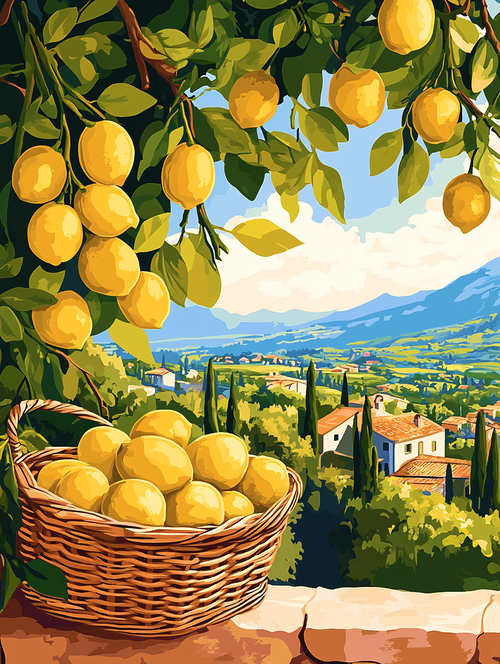 Lemons on a tree with a basket below and a scenic village in the background - Paint by numbers - MyArt