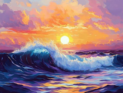 Vibrant painting of a sunset over the ocean with waves - Paint by numbers - MyArt