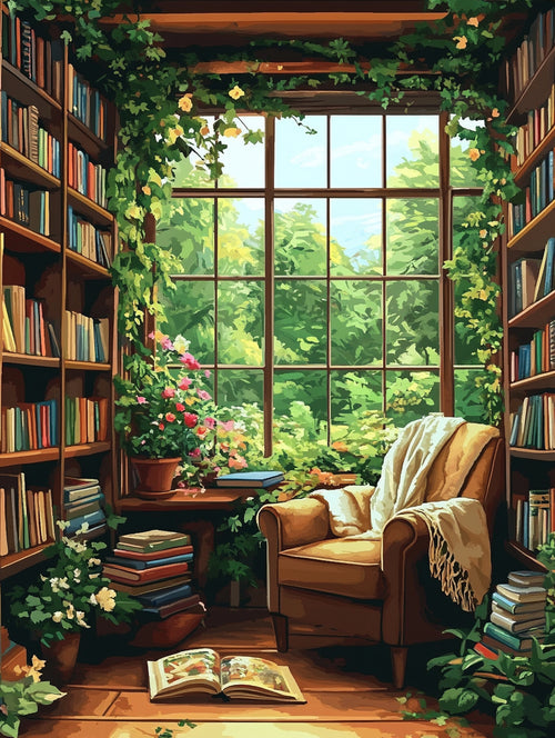 Cozy library with armchair, books, and view of greenery - Paint by numbers - MyArt
