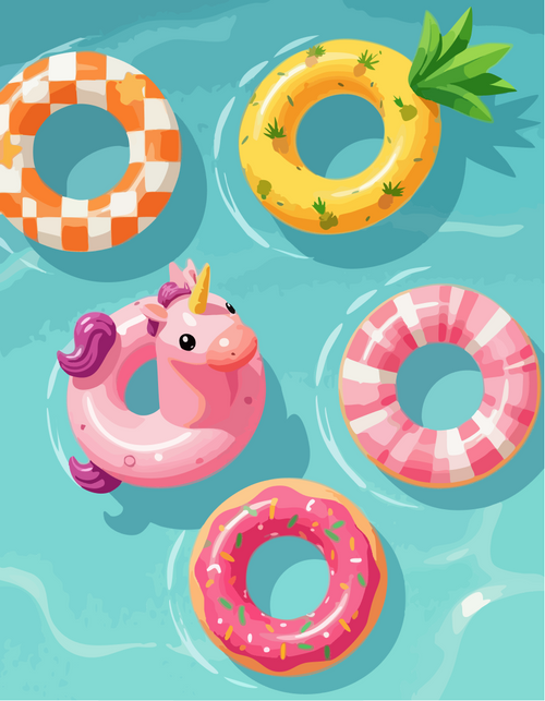 Set of colorful inflatable rings with a unicorn, pineapple, and donut design on a blue water background - Paint by numbers - MyArt