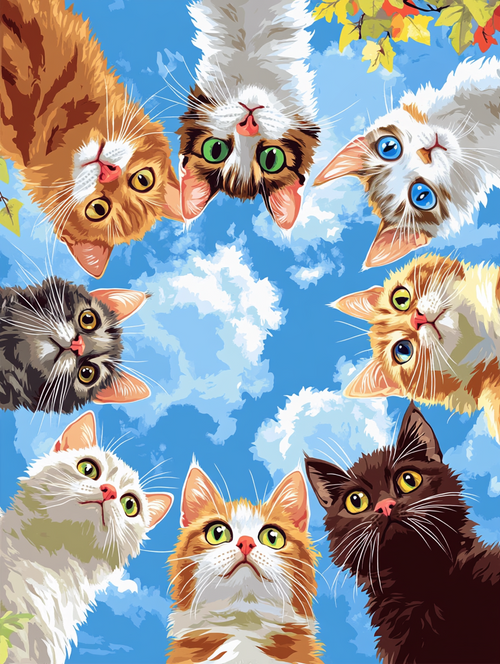 Illustration of cats with different colored eyes against a blue sky background - Paint by numbers - MyArt