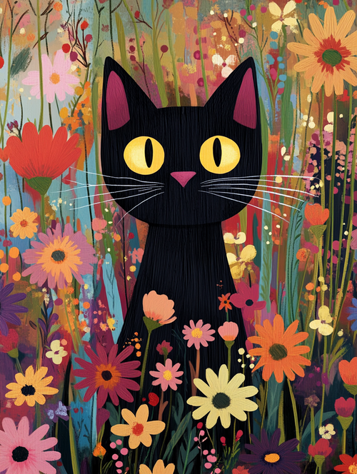 Illustration of a black cat surrounded by colorful flowers - Paint by numbers - MyArt
