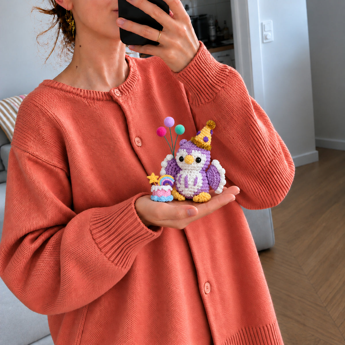 Lilac Birthday Owl: a lilac birthday owl with a cake and balloon details, shown in hand