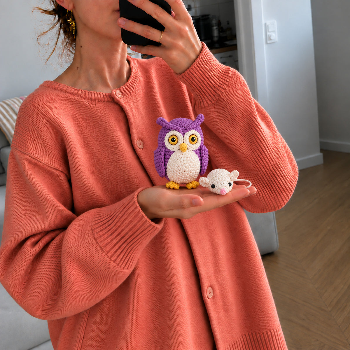 Twilight Owl and Mouse: a violet owl alongside a tiny cream mouse, shown in hand