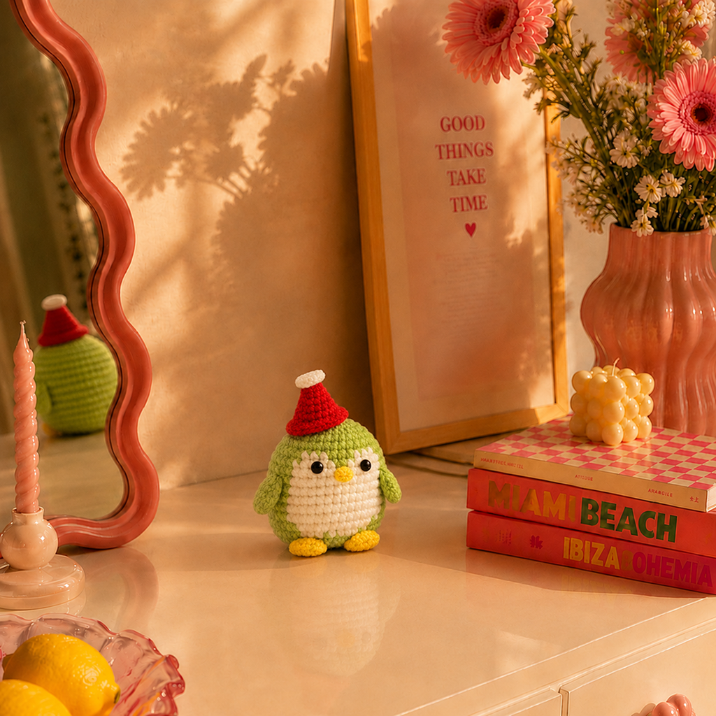 Green Penguin with Santa Hat