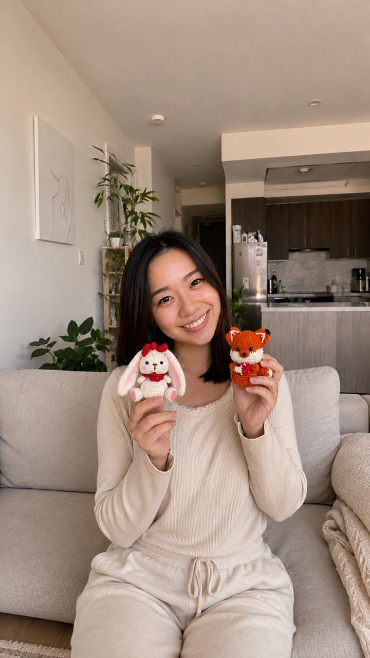 Crafter at home holding two crocheted animals