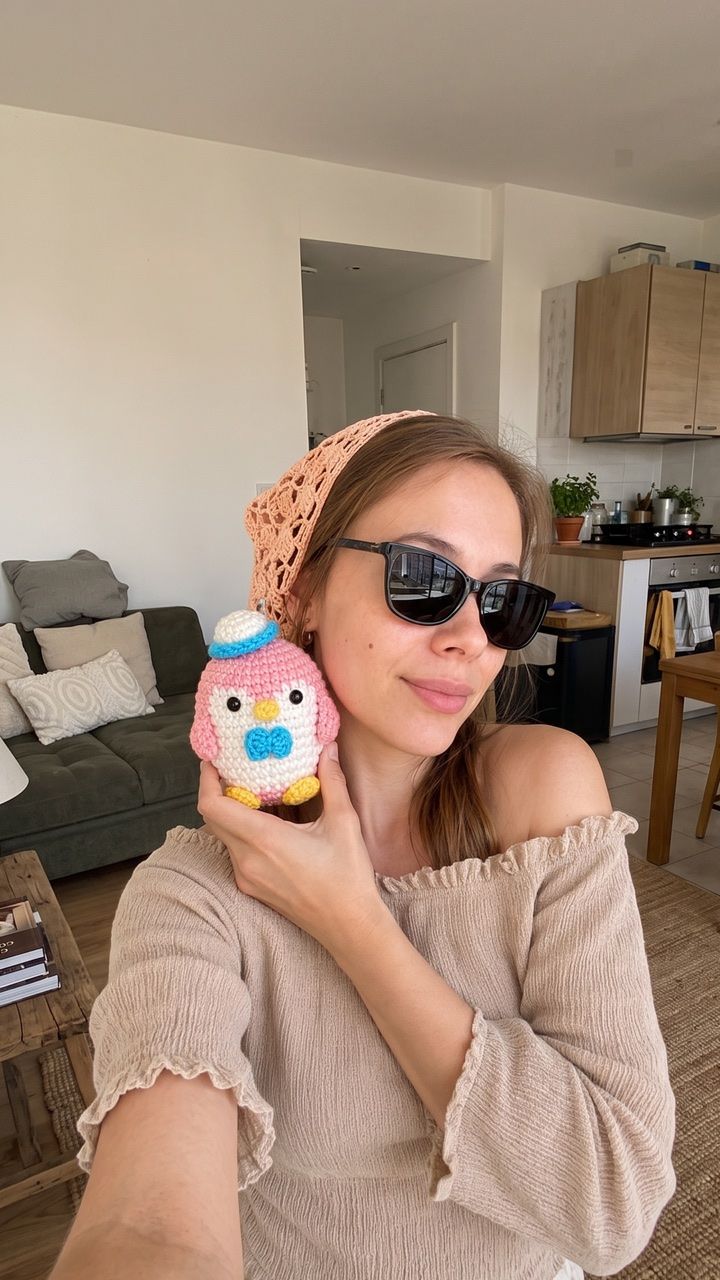Crafter holding a colorful crocheted character