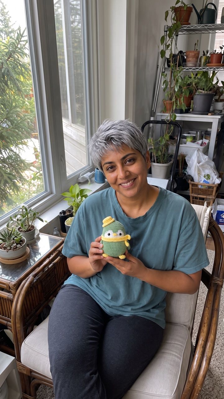 Crafter by a window holding a green crochet project