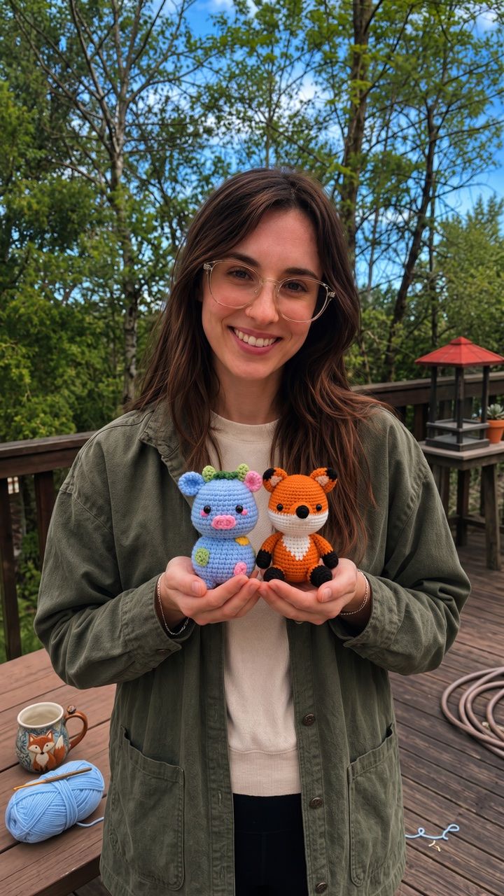 Crafter outdoors holding two crocheted animals