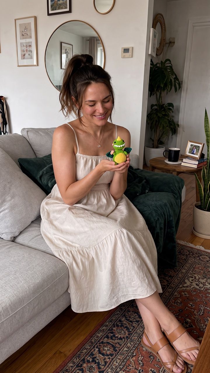 Crafter seated at home holding a green crochet project