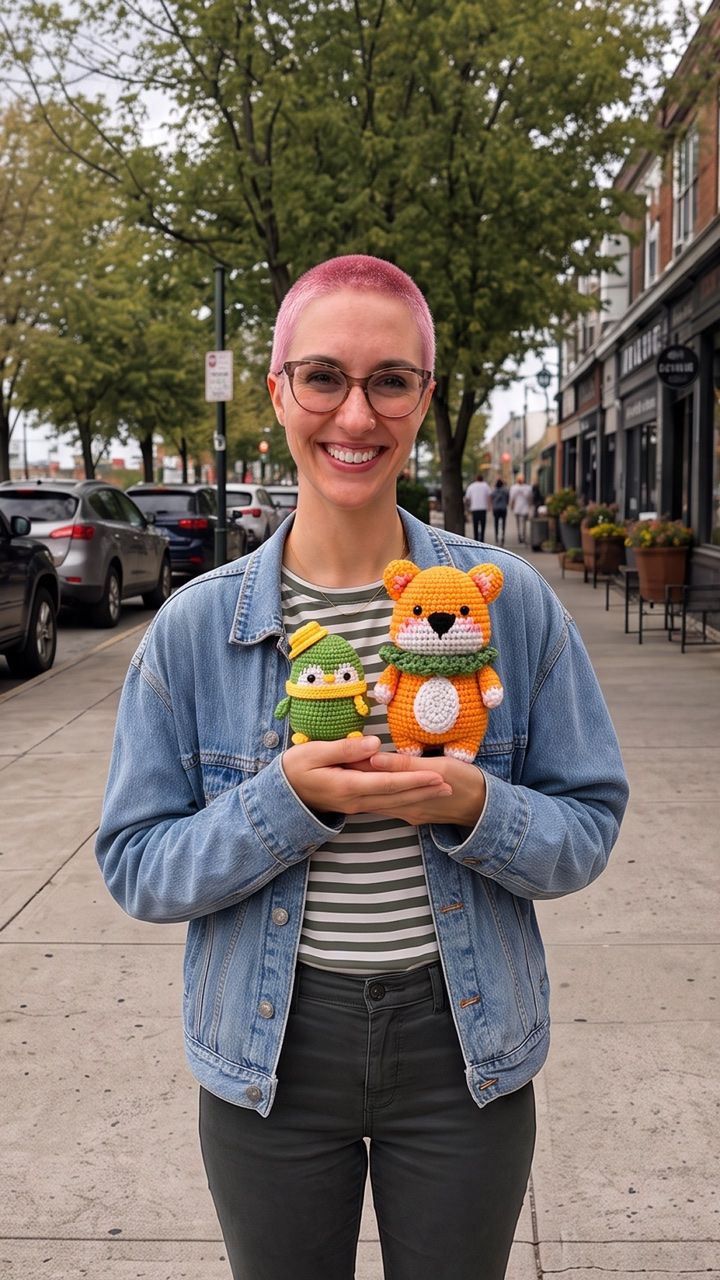Crafter on a city street holding two crochet projects
