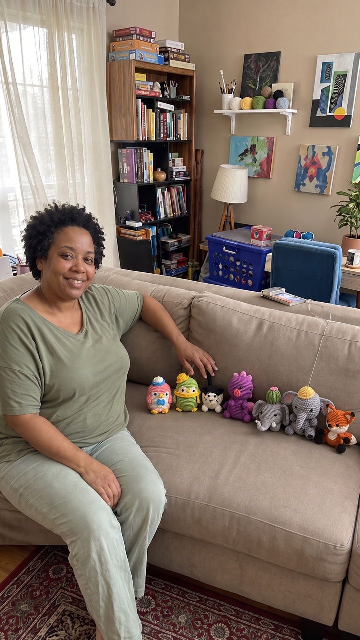 Crafter seated beside a collection of crochet projects