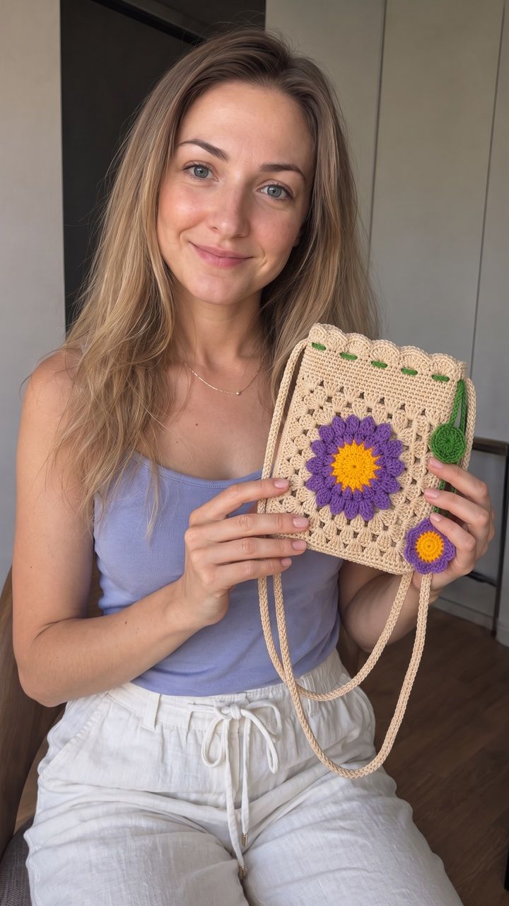 Crafter holding a handmade crochet bag