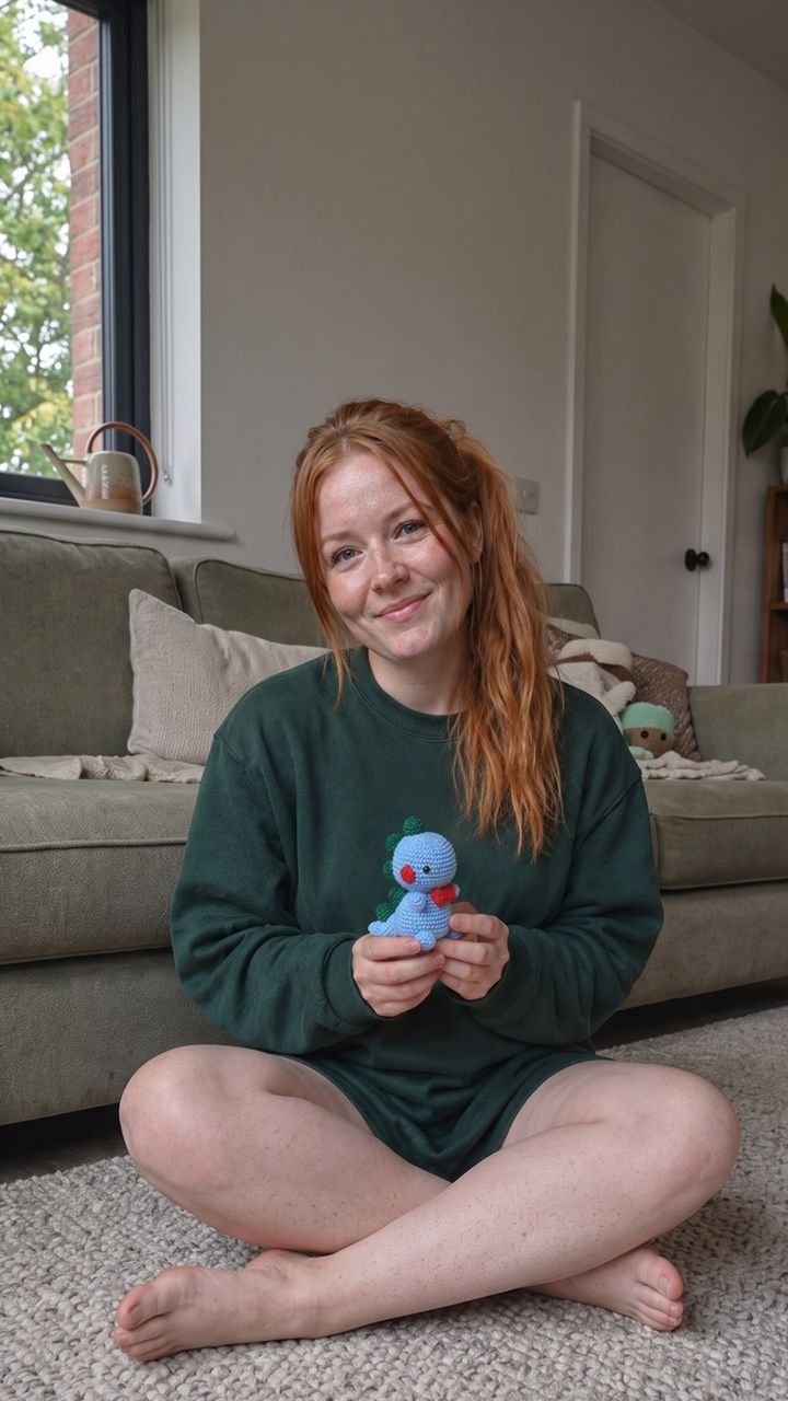 Crafter seated on the floor holding a blue crochet project