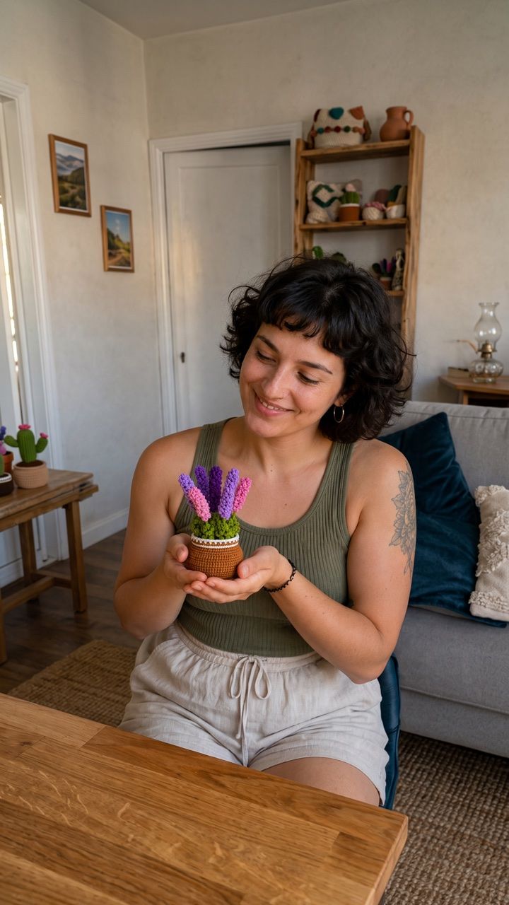 Crafter at a table holding a crocheted flower pot
