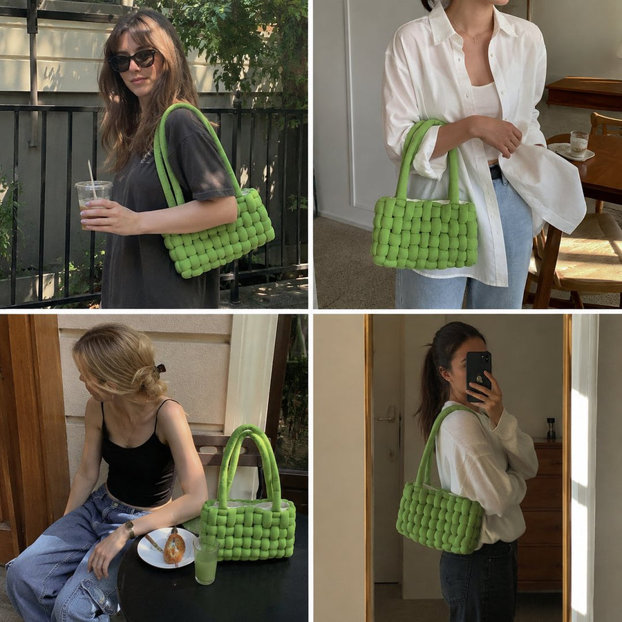 Four views of crafters showing handmade crochet bags