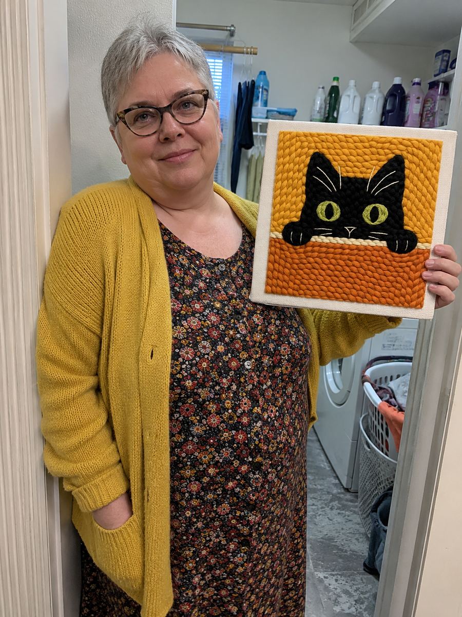 Crafter standing with a black cat artwork