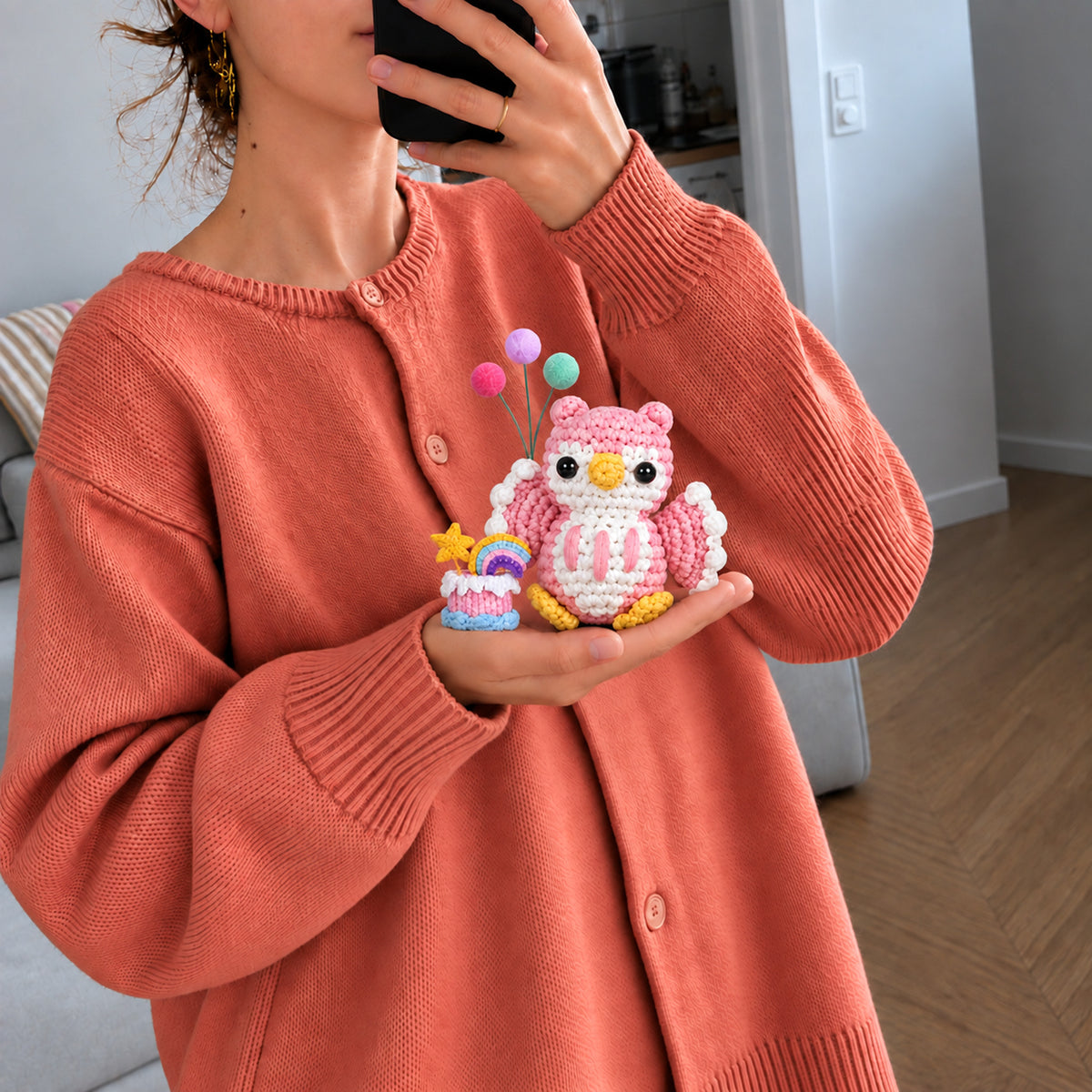 Blush Birthday Owl: a blush pink birthday owl with a cake and balloon details, shown in hand
