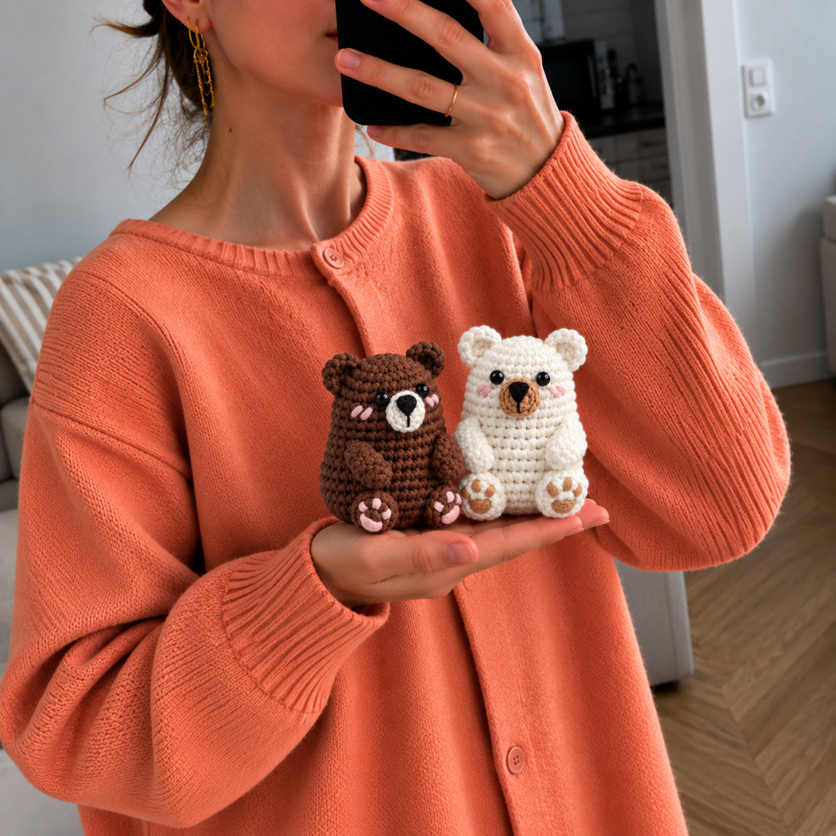 Cocoa and Cream Bears: brown and cream bears, shown in hand