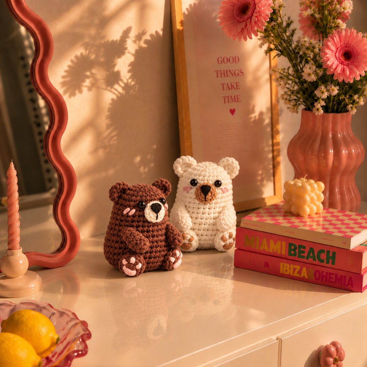 Cocoa and Cream Bears: brown and cream bears, displayed in an interior setting