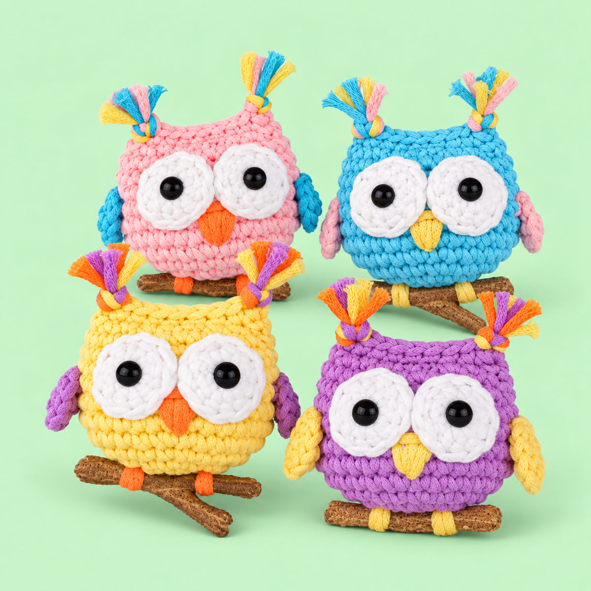 Confetti Owl Crew: colourful mini owls with bright eyes and tiny party details