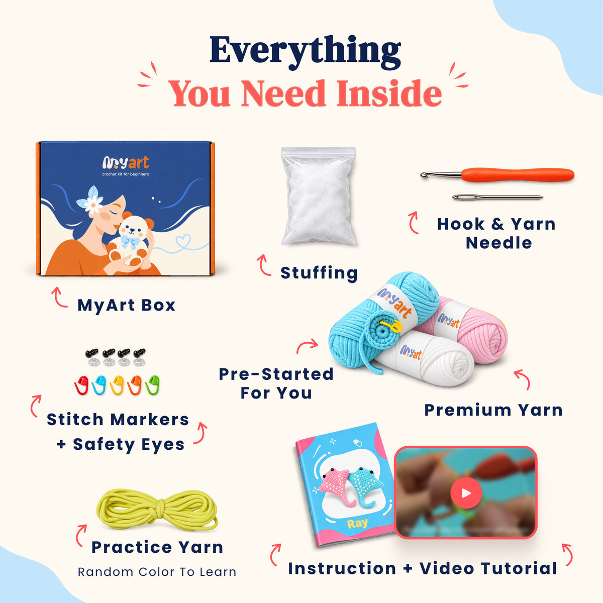 Contents and illustrated project guide for the Lagoon Ray Pals crochet kit