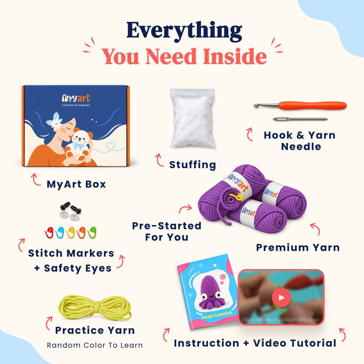 Contents and illustrated project guide for the Violet Tide Cuttlefish crochet kit