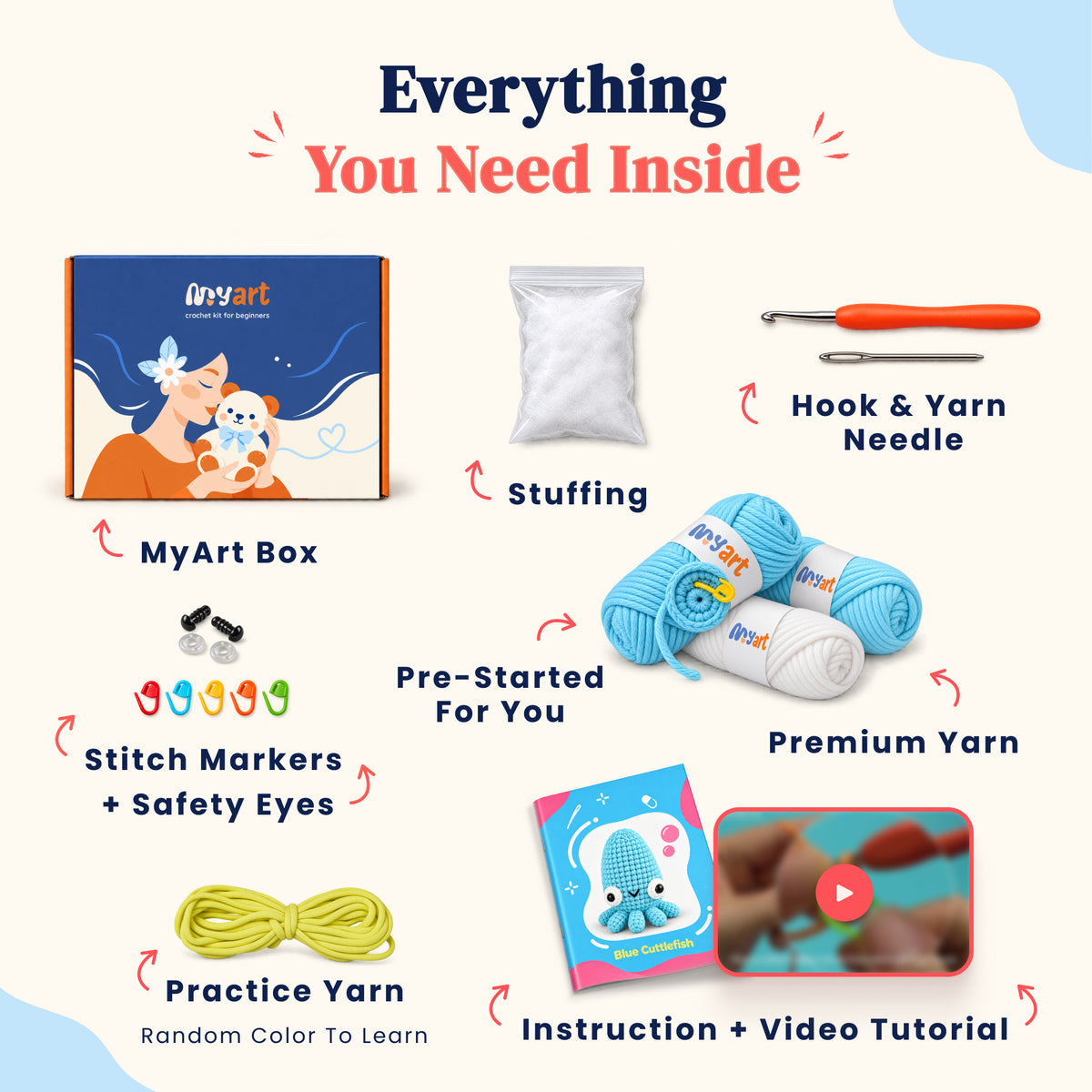 Contents and illustrated project guide for the Blue Tide Cuttlefish crochet kit