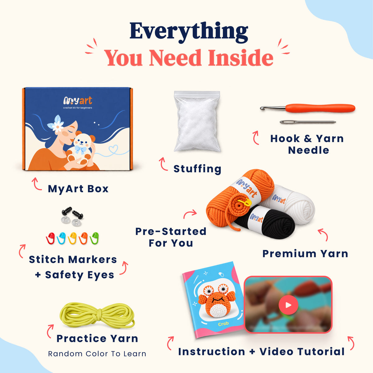 Contents and illustrated project guide for the Coral Pop Crab crochet kit