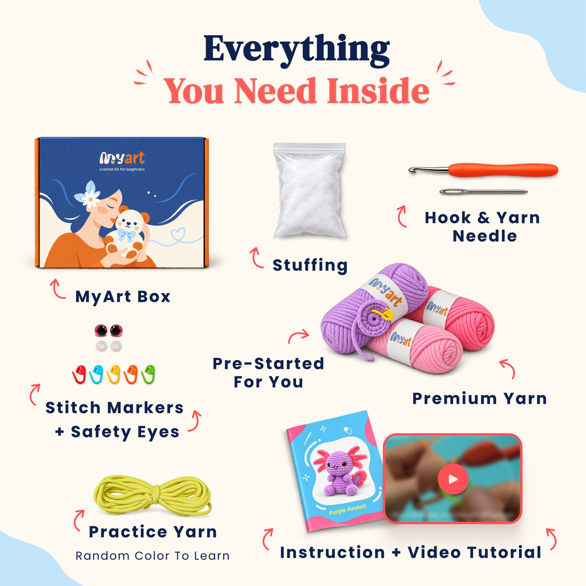 Contents and illustrated project guide for the Lilac Axolotl crochet kit