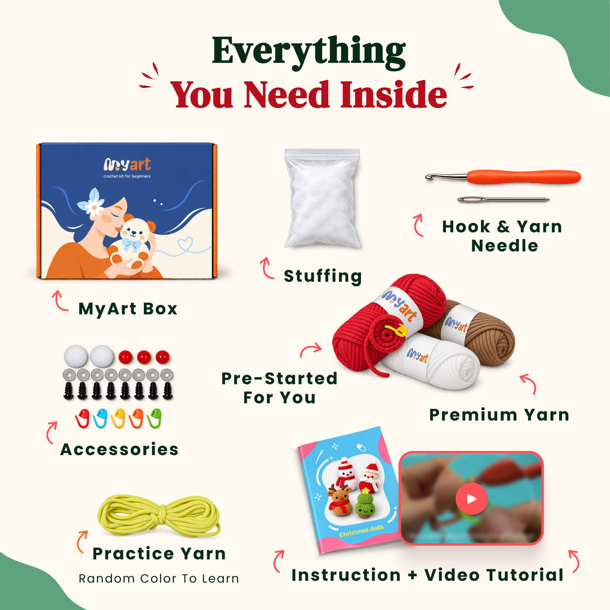 Contents and illustrated project guide for the North Pole Mini Crew crochet kit