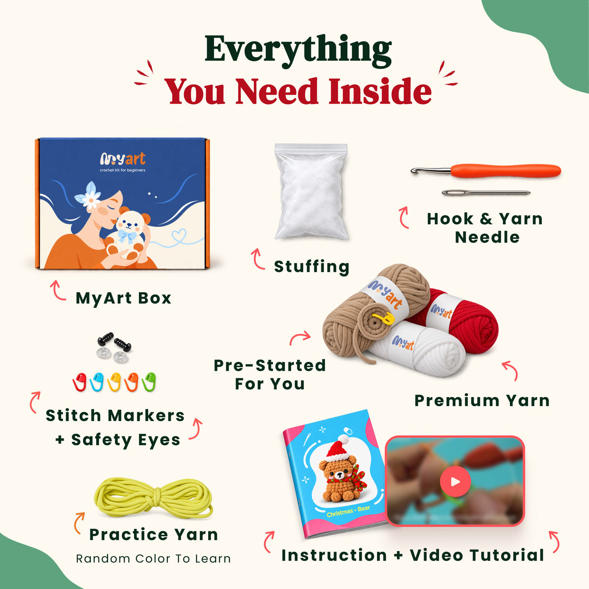 Contents and illustrated project guide for the Holly Hug Bear crochet kit