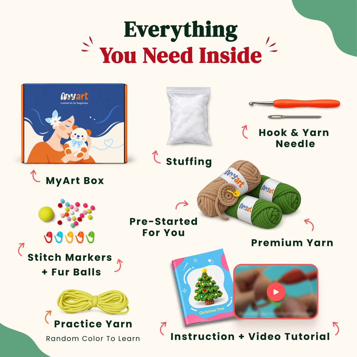 Contents and illustrated project guide for the Little Festive Fir crochet kit