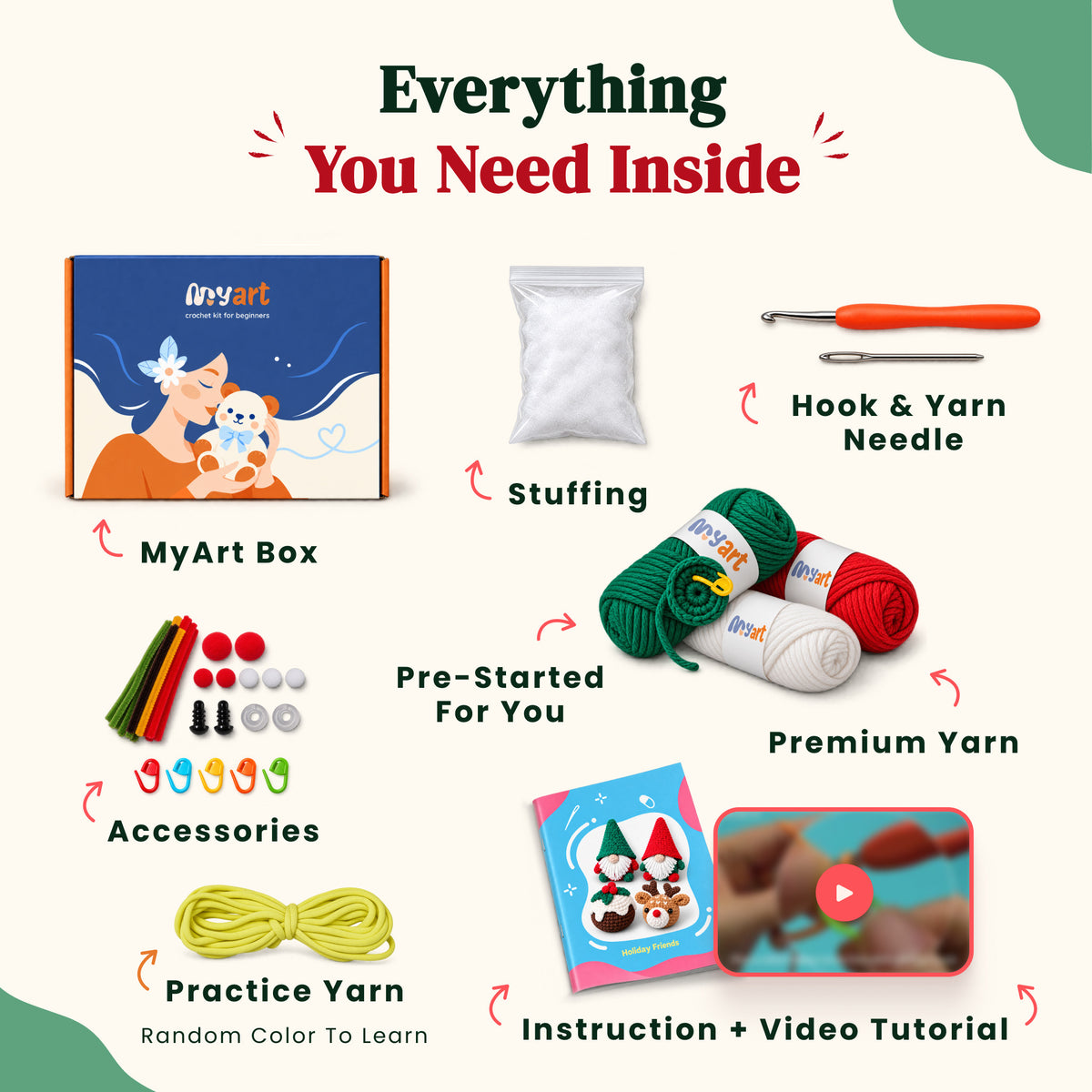 Contents and illustrated project guide for the Snow Day Companions crochet kit