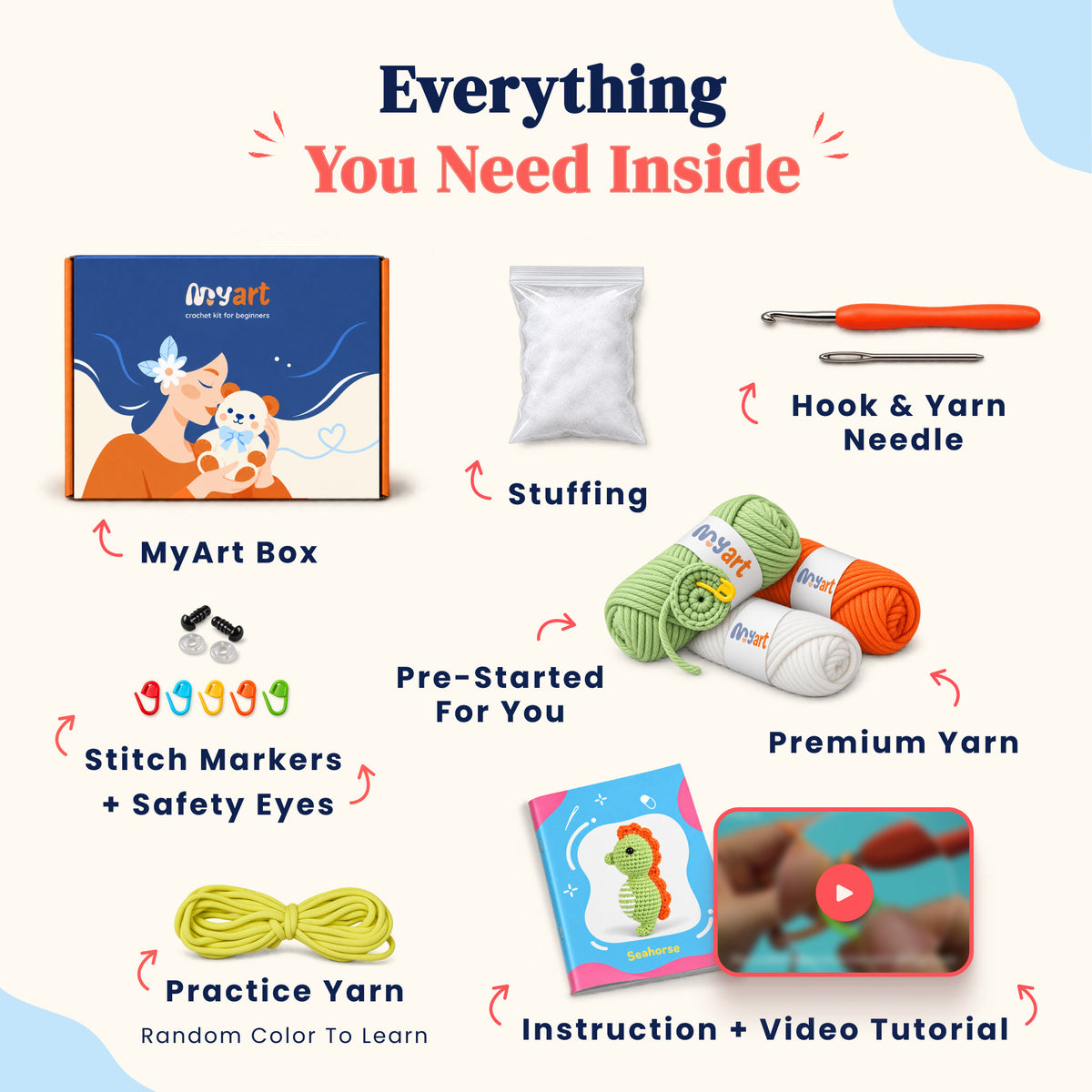 Contents and illustrated project guide for the Meadow Seahorse crochet kit