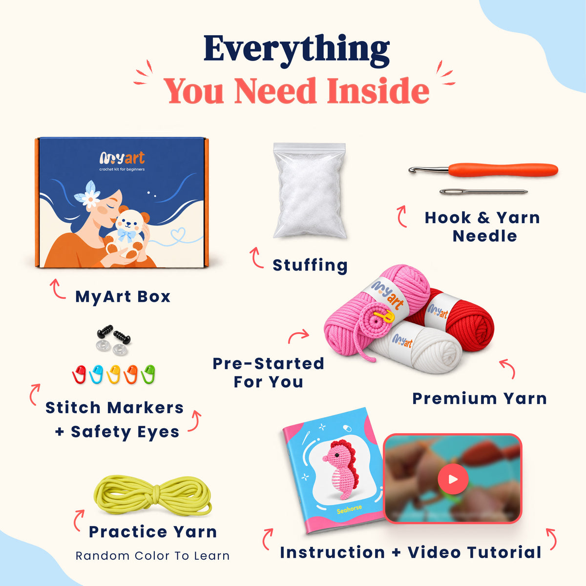 Contents and illustrated project guide for the Rosy Seahorse crochet kit