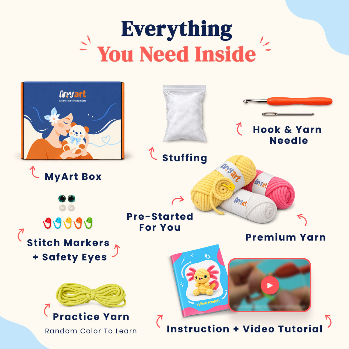 Contents and illustrated project guide for the Sunbeam Axolotl crochet kit