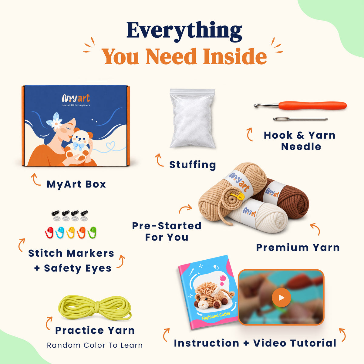 Contents and illustrated project guide for the Highland Meadow Cows crochet kit