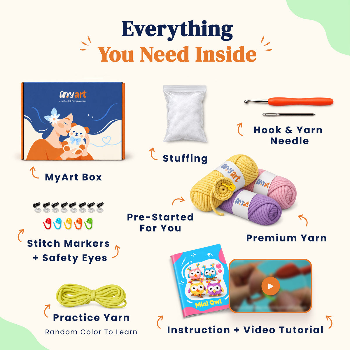 Contents and illustrated project guide for the Confetti Owl Crew crochet kit