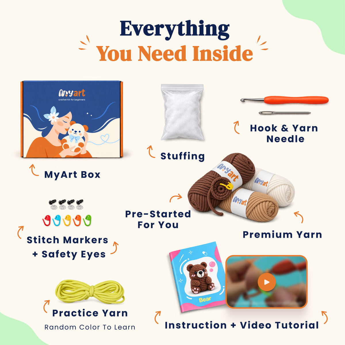 Contents and illustrated project guide for the Cocoa and Cream Bears crochet kit