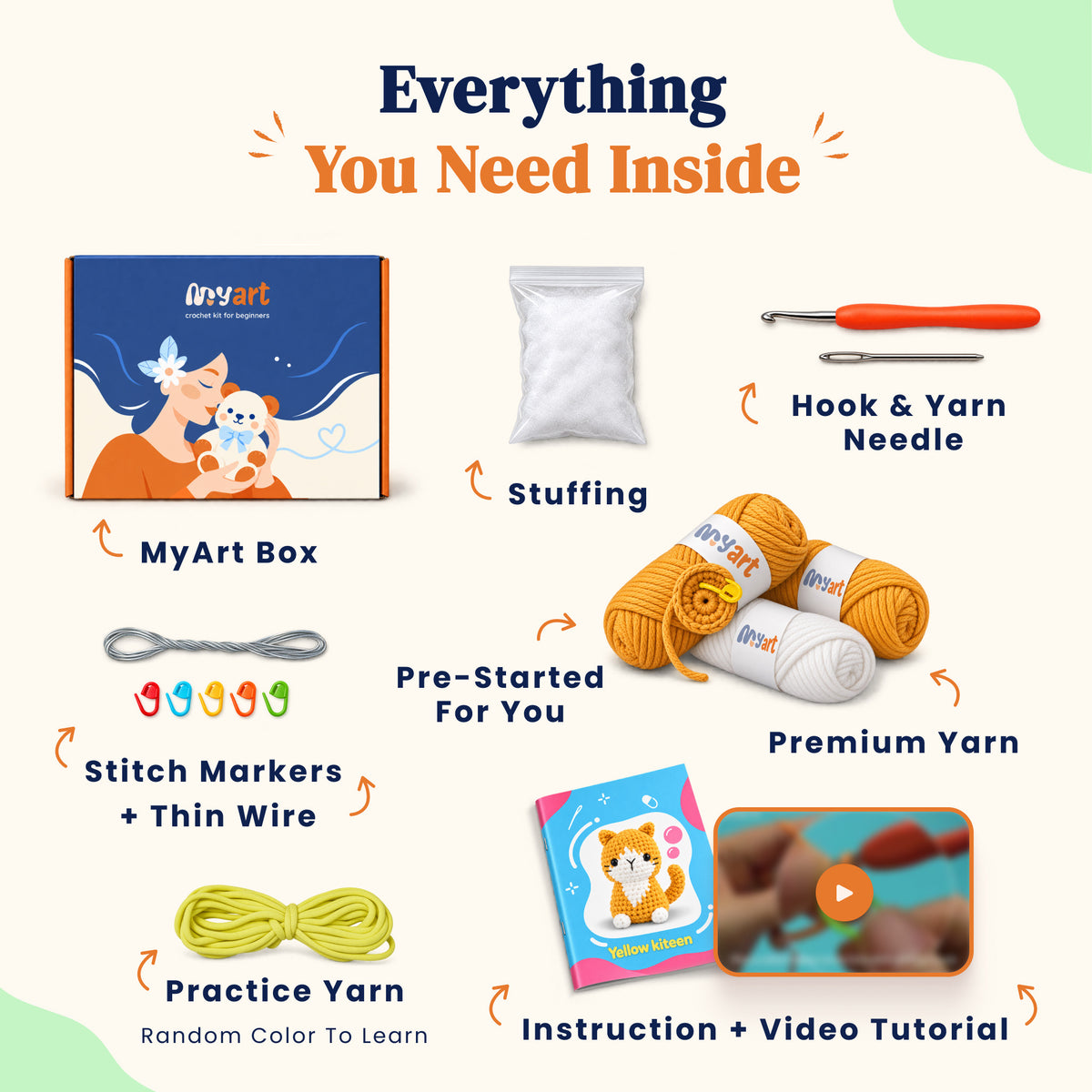 Contents and illustrated project guide for the Honey Tabby crochet kit