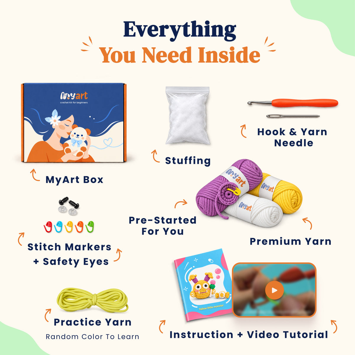 Contents and illustrated project guide for the Sunny Pop Monster crochet kit