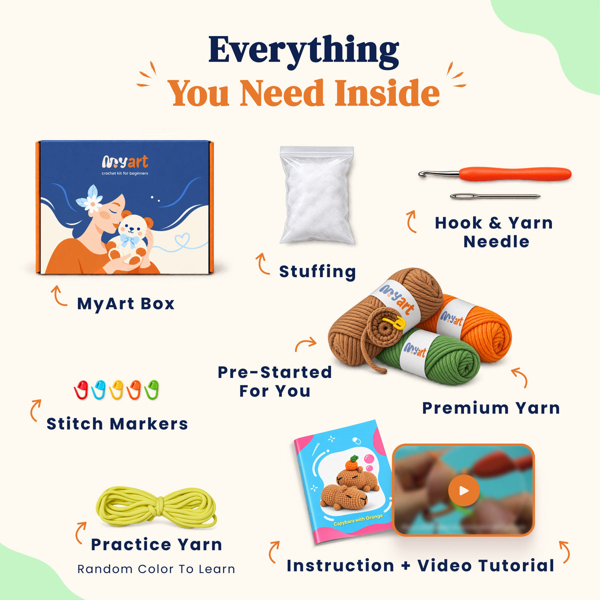 Contents and illustrated project guide for the Sleepy Citrus Capybaras crochet kit