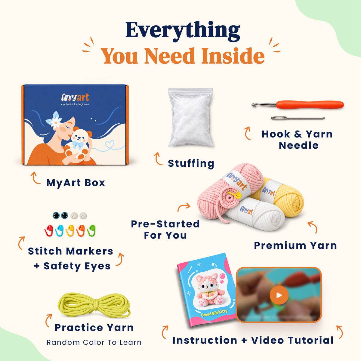 Contents and illustrated project guide for the Blossom Bloom Kitty crochet kit