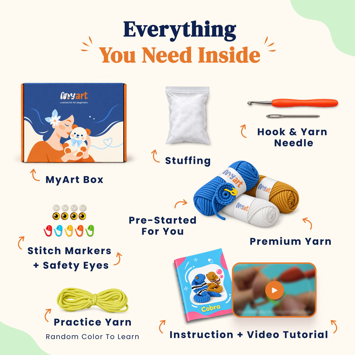 Contents and illustrated project guide for the Cobra Charm Duo crochet kit